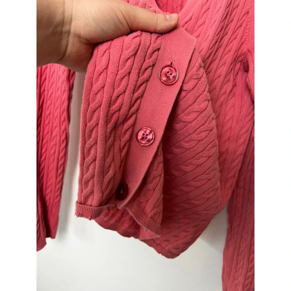 Talbots Womens Coral Pink Cable Knit‎ Cotton V-Neck Button Front Cardigan Size L